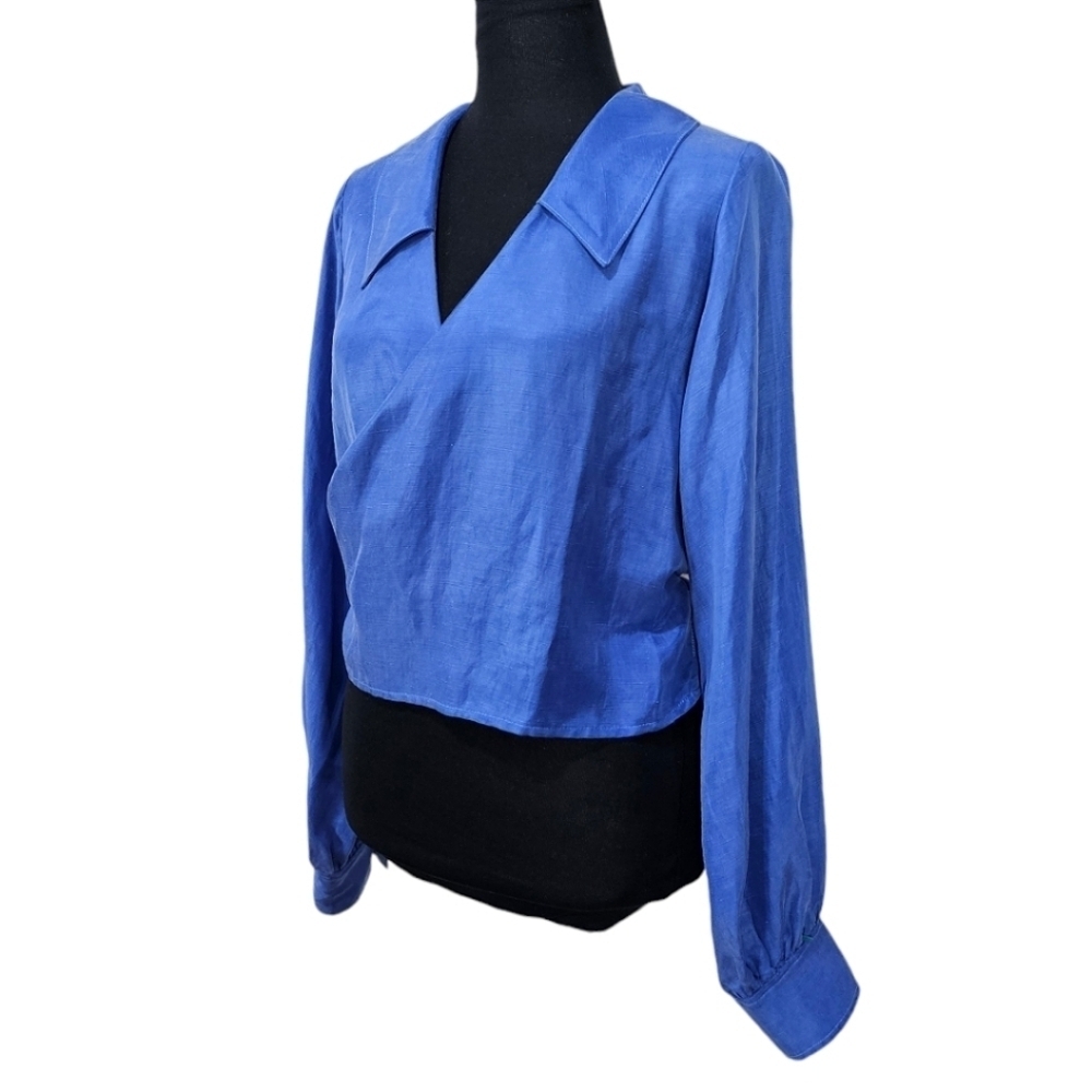 R.G. Kane Linen Blend V-Neck Wrap Front Blouse Balloon Sleeve Blue Size Large - Picture 5 of 13